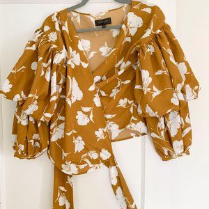 Sculptural Floral Tiered Sleeve Wrap Blouse in Mustard Yellow Ochre